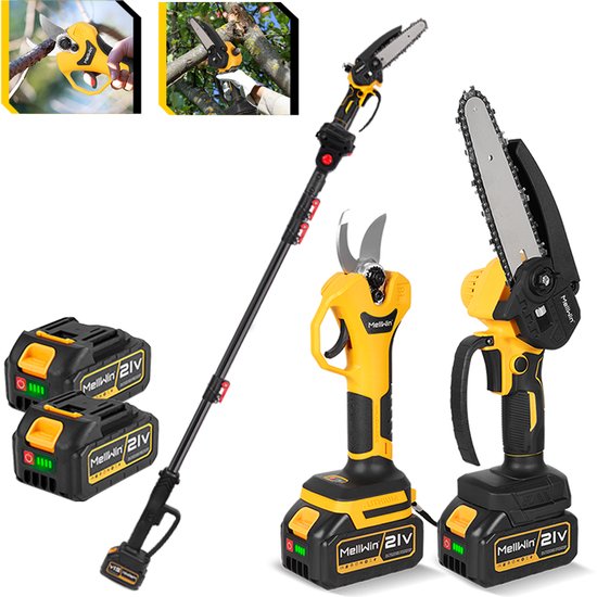 MellWin 4-in-1 Accu Telescopische Kettingzagen - 6 inch Mini Kettingzagen - 25 mm Elektrische Snoeischaar - verlengstang tot 2 m - Borstelloze motor - Elektrische snoeizaag voor boomtakken, houtzagen van MellWin