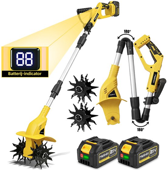 MellWin Accu Grondfrees - Draadloze rotavator - Elektrische Tuinfrees - 800 tpm - met 2 Accu's - 22 cm werkbreedte - 16 cm werkdiepte