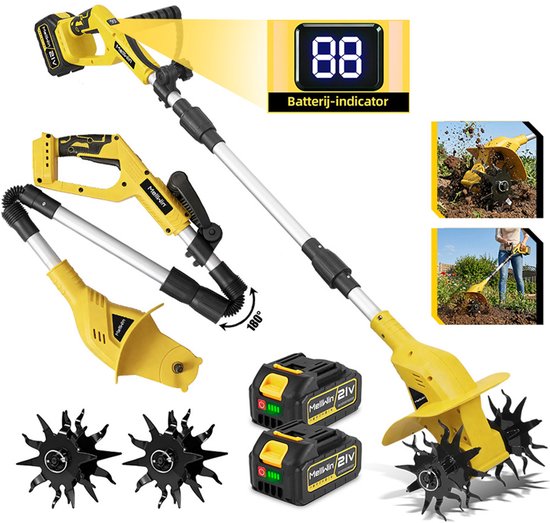 MellWin Accu Grondfrees - Elektrische motorhak - 800 tpm Tuinfrees - met 2 Accu's - 22 cm werkbreedte - 16 cm werkdiepte - voor de tuin, moestuinpercelen