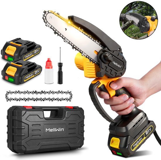 MellWin Accu Kettingzaag - 15 cm Mini Kettingzaag - met 2x Accu's - 1500W Handkettingzaag - Snoeizaag - Takkenzaag - Automatische Smeermachine van MellWin