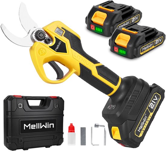 MellWin Accu Snoeischaar 21V - Bürstenlos Takkenschaar - 32mm Snijdiameter - Elektrische Snoeischaar- Heggenschaar - met 2 Accu's & Opberkoffer - voor het snoeien van bomen, fruitbomen van Merkloos	