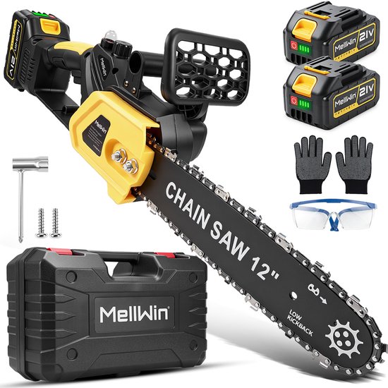 MellWin Elektrische Kettingzaag - 30 cm Kettingzaag - 4500W - met 2x Accu's - Borstelloze Handkettingzaag - Takkenzaag - voor houtbewerking en tuin