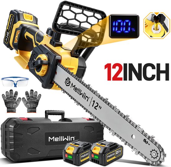 MellWin Elektrische Kettingzaag - 30cm Zwaardlengte - Elektrische Takkenzaag - met 2x Accu's - Handkettingzaag - voor tuin, boomsnoeien en hout
