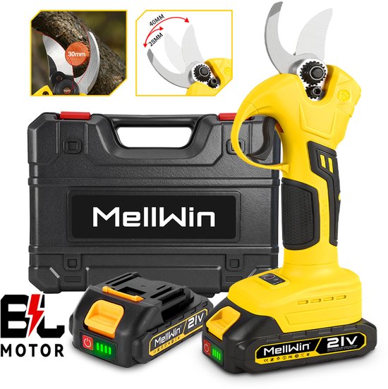 MellWin Elektrische Snoeischaar - 30mm Snijdiameter - Borstelloze Motor - Accu Snoeischaar - met 2x Batterijen - Takkenschaar - Heggenschaar - voor snoeien, tuinieren, fruitbomen en wijngaarden van Merkloos	