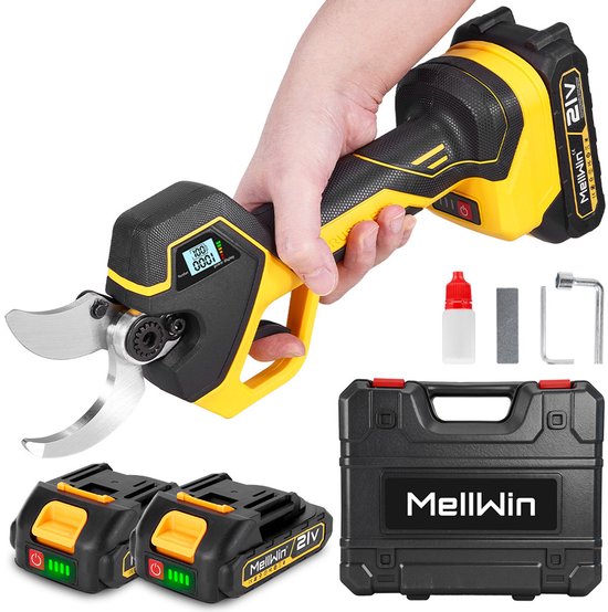MellWin Elektrische Snoeischaar - 45mm Snijdiameter - met 2x batterijen & SK5 Bladen - Accusnoeischaar - Elektrische Tuinschaar - voor Tuin, Boomgaard & Boerderij van MellWin