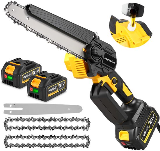 MellWin Kettingzaag - 20cm Kettingzaag - Mini Kettingzaag met accu - Snoeizaag - Boomzaag - 2 accu's - Inc. accessoires