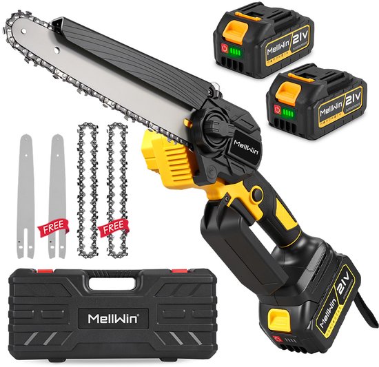 MellWin Kettingzaag - Professionele Mini Kettingzaag - Elektrische Snoeischaar - 8 inch Takkenzaag - met 2x Accu's & 2x Kettingen
