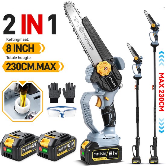 MellWin Mini Kettingzaag + Telescopische Steel - Accu Hoogsnoeier - met 2x Accu's - max. bereik tot 2.3 m - Borstelloze Takkenzaag - voor boomtakken, houtzagen