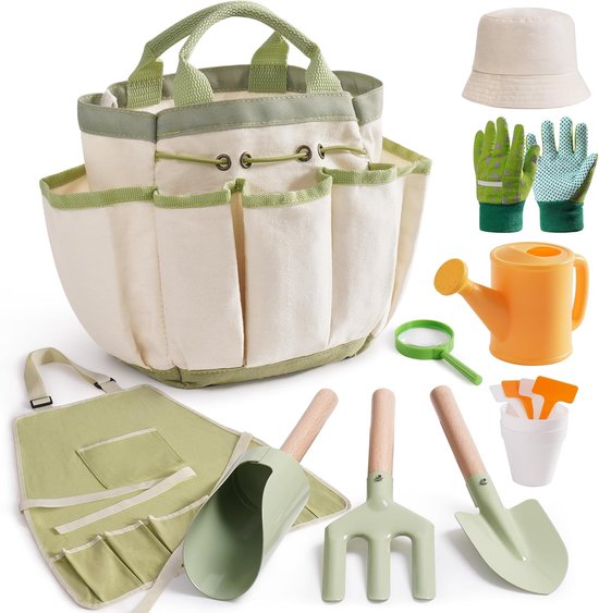 MELVRA Tuingereedschap voor Kinderen - 18-delige Set - Metaal - Inclusief Schort, Hoed, Gieter & Tas - Buitenspeelgoed - Peuters & Kinderen - Blauw van MELVRA