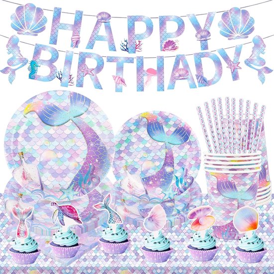 Mermaid Party Dinnerware Set - 86 Pieces Birthday Decoration, Party Plates, Tableware for Children's Birthday, Party Girls van Merkloos	