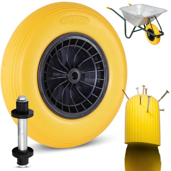 MESO Kruiwagenwiel Anti Lek - Kruiwagenwiel Massief - PU Band Lekvrij - Kruiwagenwielen met As - Kruiwagenwiel met Luchtband - Kruiwagenwielen - Draagvermogen 200KG - Asgat 20mm Incl. 130mm As van MESO