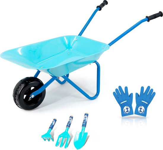 Metaal Kruiwagen voor Kinderen - 5-delige Kinder Kruiwagen Tuin Set met Schep, Hark, Vork en Kinder Tuinhandschoenen - Blauw van Merkloos	