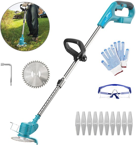 Metaalblad Draadloze Grasmaaier 18V Grassnijders met 12 messen - 15 cm snijdiameter Draadloze grastrimmer met uitschuifbaar handvat voor gazon en tuin van Merkloos	