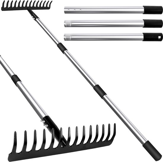 Metal Garden Rake with 14 Teeth and Leaf Crushers - Stainless Steel Handle - for Loosening Ground and Leveling Lawn - Robust Construction