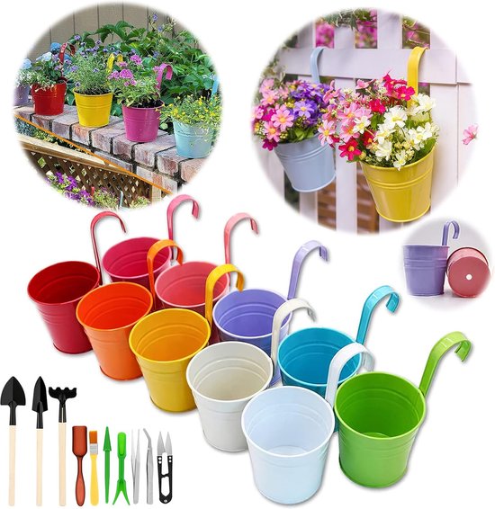 Metalen hangende bloempot, emmerplantenbak met afvoergat voor tuin/balkon/huisdecoratie (10 stuks in assortiment in 10 kleuren). van HAB & GUT