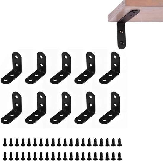 Metalen Hoekverbindingen, Roestvrijstalen Hoekstukken, Hoekbeugels, Zwart Hoekstuk, L-Vormige Stalen Hoeken, Meubelbevestiging, 90 Graden Klemmen - 10 Stuks van Merkloos	