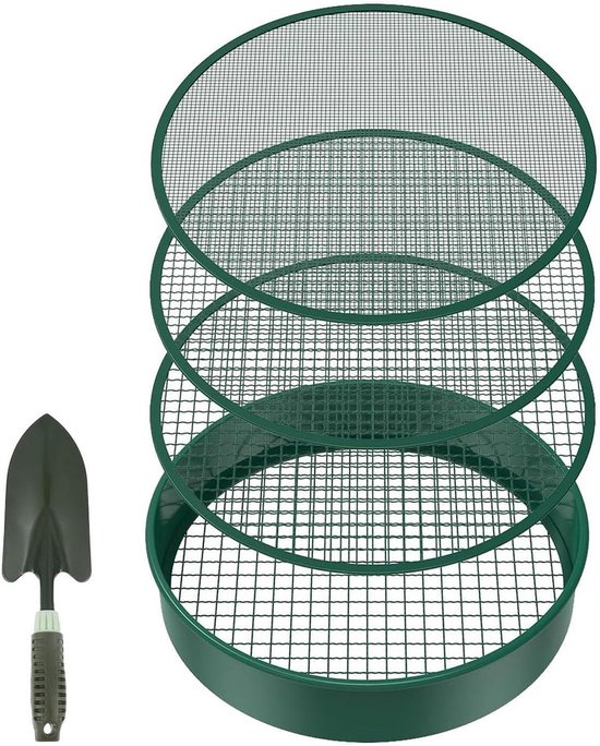 Metalen Tuinzeven - Zandvloeren Set - Bodem Verbeteren - Vier Verwisselbare Steken - 31.5 cm Diameter - Donkergroen