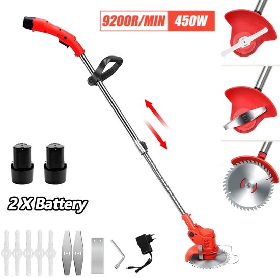 Mila Shop Grastrimmer - Grasschaar - Grasmaaier elektrisch - 2 accu's en lader - Bostrimmer - Kantmaaier - Draadloos - Rood