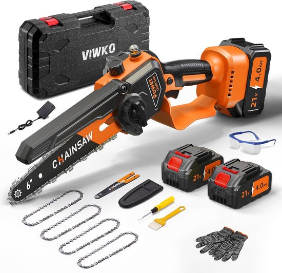 Mini Accu Kettingzaag 6 Inch - Borstelloze Motor - Automatische Kettingsmering - 2 Accu's - Compatibel met Makita 18V
