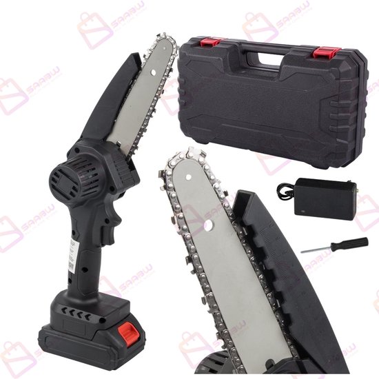 Mini Accu Kettingzaag 6 Inch – Draadloos met Oplaadbare 21V Batterij – Inclusief Koffer – Tuinzaag voor Tuin, Allotment & Fruitbomen – zwart – 40455 van Merkloos	