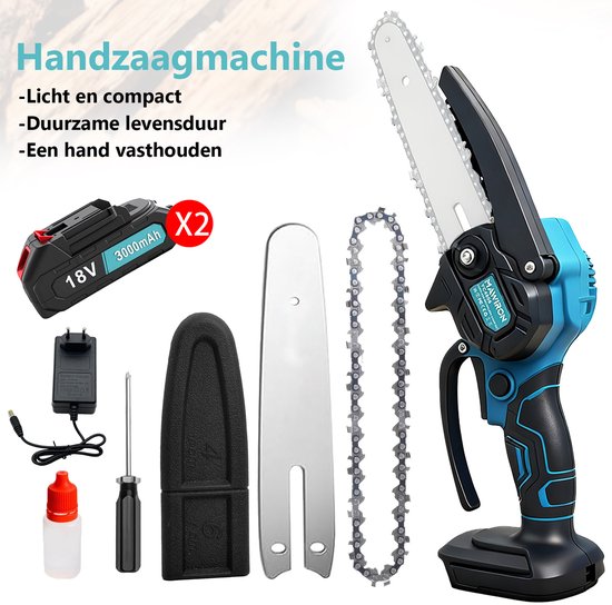 Mini Accu Kettingzaag, Draagbare Elektrische Kettingzaag, Kleine Handkettingzaag op Accu, Met Veiligheidsslot voor het Snoeien van Bomen en Takken & Houtbewerking, Met 2 Stuks 18V 3.0Ah Accu's & 2 Kettingen van Merkloos	