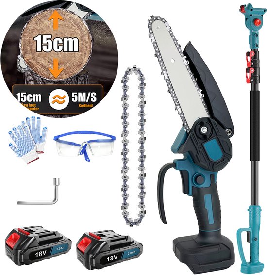 Mini Accu Kettingzaag met Telescopische Verlengsteel - 18V 3000mAh (2 Accu's + Lader) - Draadloze Astzaag voor Tuin Snoeien, Incl. Extra Ketting, Veiligheidsuitrusting van MINI