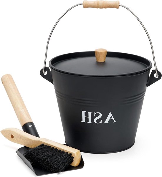 Mini-asemmer met deksel, schep en bezem - metalen emmer voor open haard, vuurkorven, houtkachels van Merkloos	