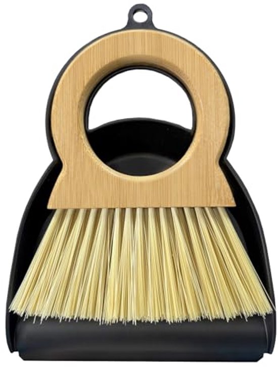 Mini bezem- en stofferset - Compacte schoonmaakset met bamboe handvat en mini-stoffer voor aanrechtbladen, tafels en bureaus - Kleine stoffer en blik combinatie voor kleine ruimtes (zwart) van SIMPLE.