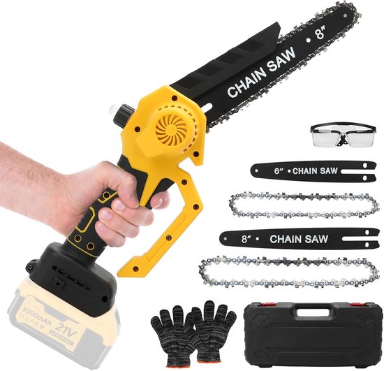 Mini Cordless Chainsaw, Brushless Battery Chainsaw, 2 x 1200 mAh, 6 Inch and 8 Inch Electric Saw, Directly Regulates - ShopVlot