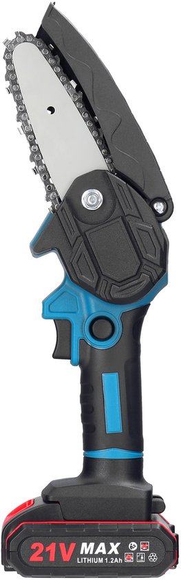 Mini Elektrische Kettingzaag 21V – 10 cm – Met 2 Batterijen, Draadloos, Veiligheidsslot – Zwart/Blauw van Merkloos	