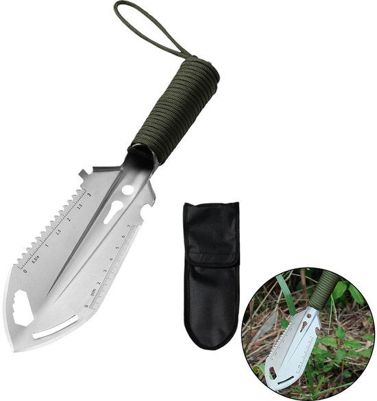 Mini-kampeerschep - Multifunctionele schep - Zware schep - Overlevingsschep - Wordt geleverd met Oxford-stoffen tas - Mini-handschep - Afneembare nylon touwgreep - Geschikt voor kamperen, tuinieren, overleven in de buitenlucht - Zilver van Merkloos	