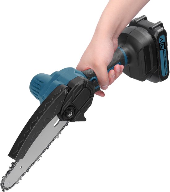 Mini Kettingzaag – 15 cm – 2x 1300mAh Accu – 21V – Draadloze Hout- en Tuinzaag met Kinderveiligheidsslot van Merkloos	