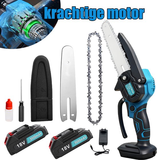Mini kettingzaag, 15 cm draadloze kettingzaag, krachtige elektrische handkettingzaag van 500 W, met 2 accu's en 1 ketting, boomtrimmer, tuingereedschap, cadeau voor mannen, vaders, papa's van Merkloos	