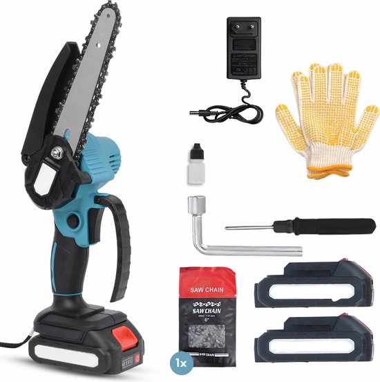 Mini Kettingzaag 21V Inclusief 2 Led-Accu's - 15 cm Bladbreedte - Inclusief 2 Kettingen - Snoeizaag -Geschikt voor Makita Accu's - Takkenzaag van MINI