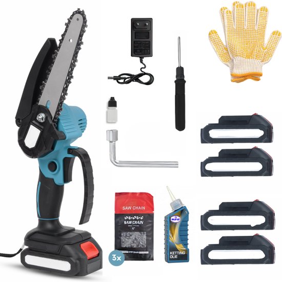 Mini Kettingzaag 21V Inclusief 4 LED Accu's - 15 cm Bladbreedte - Inclusief 3 Kettingen - Snoeizaag -Geschikt voor Makita Accu's - Takkenzaag van Merkloos	