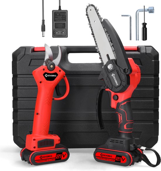 Mini Kettingzaag 21V Set – 15 cm – 2-in-1 Kettingzaag + Snoeischaar – Draadloos – 2 Accu’s – Krachtig Tuingereedschap voor Hout