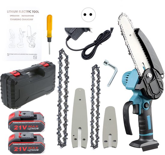 Mini Kettingzaag 21V – Snoeizaag 10 cm & 15 cm Zaagblad – Draadloos Elektrische Handkettingzaag – Inclusief 2 Accu’s, 2 Kettingen & Opbergkoffer – 500W – Voor Hout & Takken van TNO