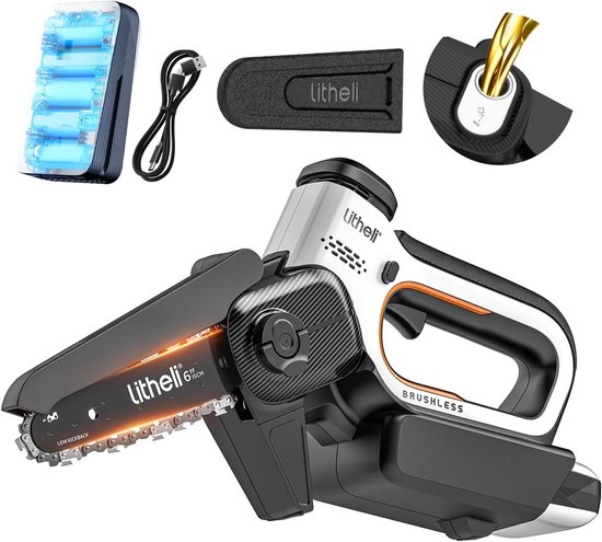 Mini Kettingzaag 6 Inch Accu met Automatische Smeersysteem en Borstelloze Motor voor Tuin en Binnenplaatsen van Merkloos	