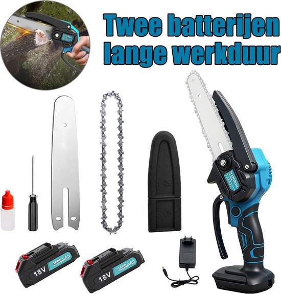 Mini Kettingzaag 6 Inch, Elektrische Kettingzaag Accu, Accu-aangedreven Kettingzaag met Olier, 2 Stuks 3000mAh 18V Batterijen, Kleine Handzame Tuin Zagen voor Takken en Hout Zagen, Cadeaus voor Mannen en Vrouwen van Merkloos	