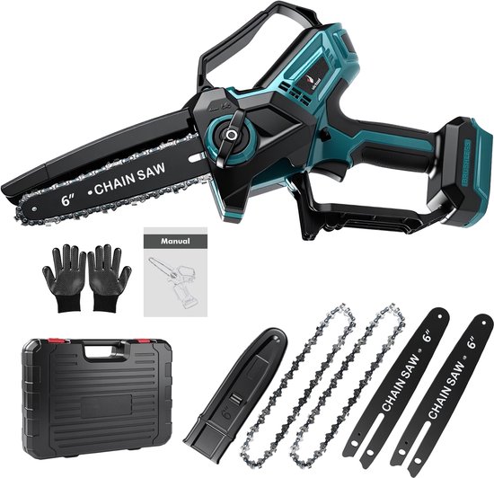 Mini Kettingzaag - 6 inch Kettingzaag voor Makita 18V accu - Snoeizaag - Takkenzaag - Handzaag - automatische olieer - Automatische Kettingsmering - Brushless - Complete Set met Opbergkoffer & Accessoires van Merkloos	