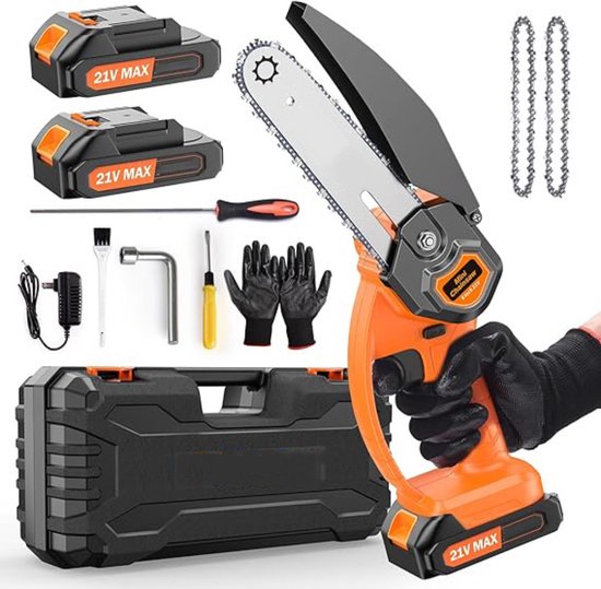 Mini Kettingzaag – Draagbare Kettingzaag Accu – Kettingzaag Electrisch - Handzaag – Houtzaag - Complete Set Inclusief Gereedschapskoffer, Reserveketting, Handschoenen van MINI