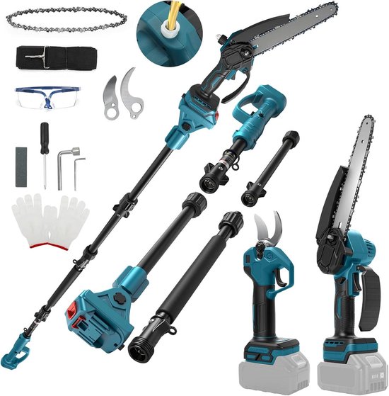 Mini-kettingzaag en tuinschaar set met verlengstang - 18V compatibel - 4-in-1 tuingereedschap - 4,57 m bereik - snoeien van bomen.
