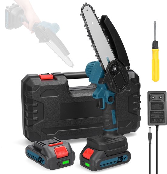 Mini kettingzaag Inclusief 2 Led-Accu's - 2 X 1300mAh - Blauw - Snoeizaag - Takkenzaag - Thuis Houtbewerking - Brush van Merkloos	