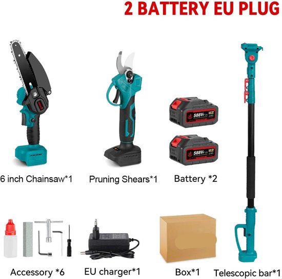 Mini Kettingzaag - Kettingzaag - Snoeizaag - Takkenzaag - Handzaag - Telescoop Kettingzaag - 3500W - 3-in-1 - Automatische Kettingsmering - Brushless - Tuin Schaar Snoei Gereedschap - 2 Batterij EU Stekker van Setelsa
