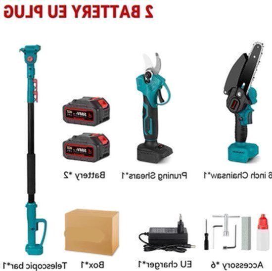 Mini Kettingzaag - Kettingzaag - Snoeizaag - Takkenzaag - Handzaag - Telescoop Kettingzaag - 3500W - 3-in-1 - Automatische Kettingsmering - Brushless - Tuin Schaar Snoei Gereedschap - 2 Batterij EU Stekker