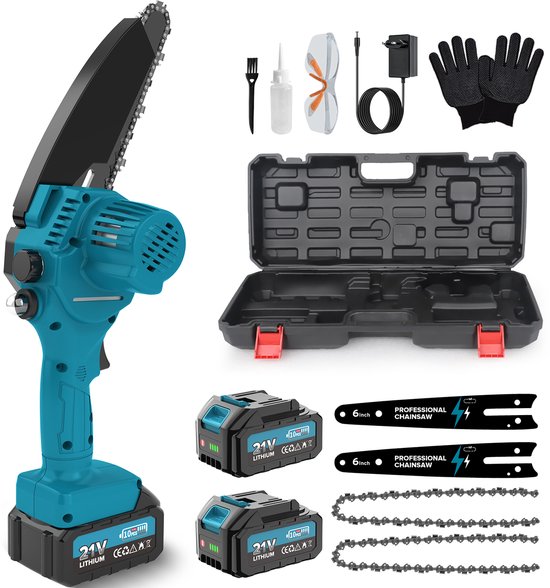 Mini Kettingzaag Met Accu, 6 Inch Elektrische Mini Kettingzaag, 2 Accu'S Van 4000mAh, Elektrische Handkettingzaag Voor Tuinsnoeischaren, Takkenscharen En Het Zagen Van Hout