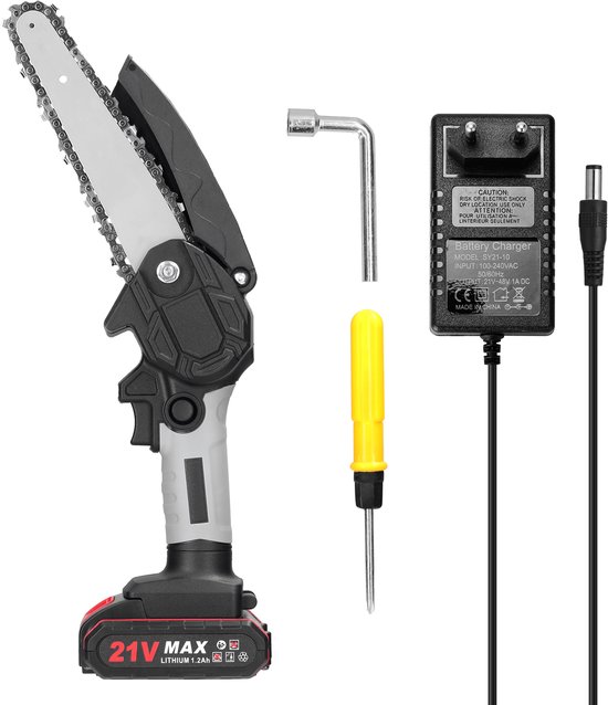 Mini kettingzaag - Mini accu kettingzaag 21V 6 inch – Snoeizaag – Takkenzaag – Handzaag - 5 m/s, borstelloze motor, veiligheidsslot - Zwart/grijs - ABS + metaal - Voor snoeien en houtzagen
