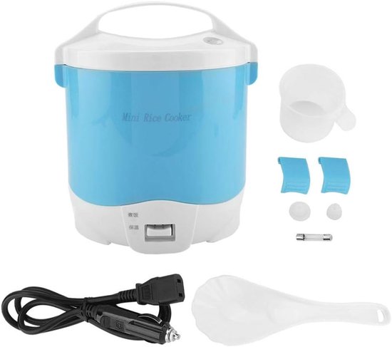 Mini Rice Cooker 1.6L 24V 180W Electric Steamer Lunch Box Portable Food Warmer Steamer with Removable Nonstick Pot Steamer Basket Measuring Cup Spoon for Car Outdoor (Blue) van Merkloos	