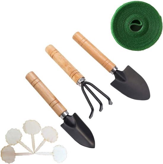 Mini Tuin Tool Set 5 soorten gereedschap (handschop, troffel, hark, klittenband, plantenlabels) voor miniatuur tuinieren zorg - Tuinieren - Gereedschap - Compleet set - Groen - Planten verzorgen - Geschikt voor binnen en buiten gebruik.