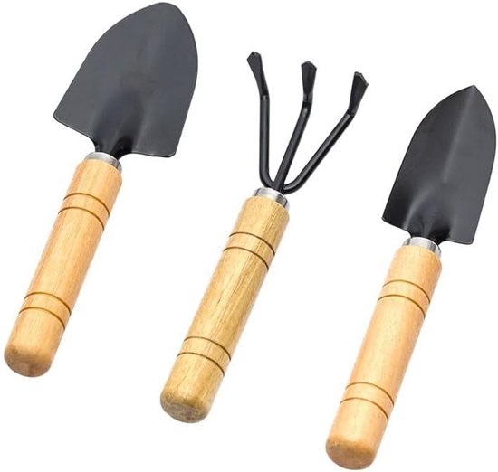 Mini tuingereedschap - Plantgereedschapset (3-delig) - Stevig en duurzaam, roestbestendig - Houten handvatten (natuurlijk hout en zwart)